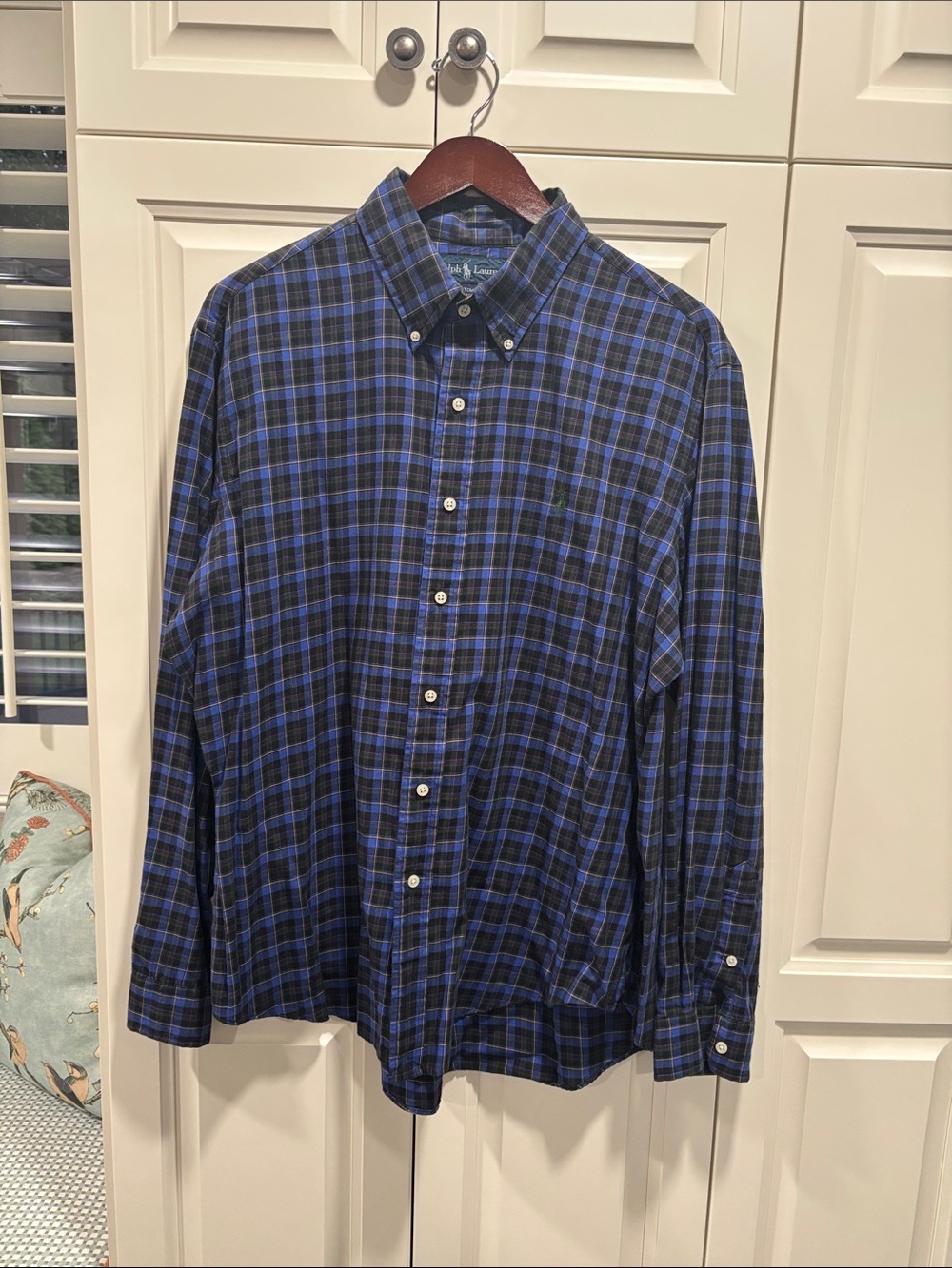 Ralph Lauren Men’s Blue and Black Plaid Button-Down Shirt with green Polo man